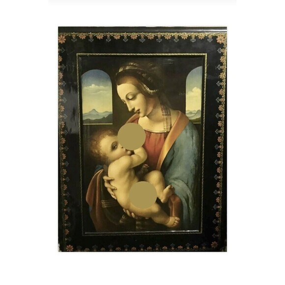 Antique Russian Art Palekh  Madonna Litta Icon Lacquer Wood Inspired By Da Vinci - Picture 1 of 7